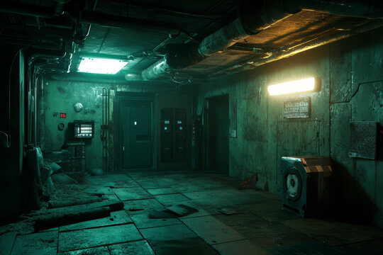 A post-apocalyptic bunker 3D background room, dimly lit with exposed metal pipes, survival gear, and flickering emergency lights. The atmosphere is gritty, industrial, and survival-oriented.