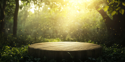 A nature-inspired 3D background featuring a wooden podium placed in the center of a lush green forest. The sunlight filtering through the trees, combined with floating fireflies, creates a harmonious