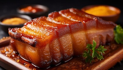 Macro shot of crispy roasted pork belly, showcasing the crackling skin and juicy meat, highlighting the perfect texture and golden-brown crispness.