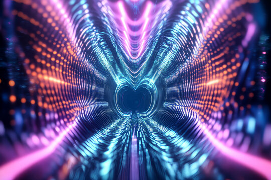 A mesmerizing 3D abstract background with an endless tunnel of glowing neon soundwaves. The synchronized pulses of light move rhythmically, creating an immersive, futuristic representation of digital
