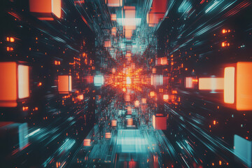 Fototapeta premium A surreal 3D abstract background displaying an infinite matrix of glowing cubes, softly pulsing with synchronized digital energy. The cybernetic symmetry and motion create a visually striking