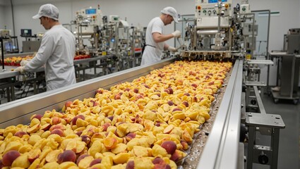 High tech peach slicing and packaging machine in a modern fruit processing plant with workers overseeing the automated production line