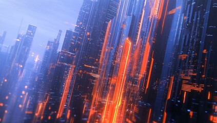 Futuristic city skyline with glowing orange and blue skyscrapers.