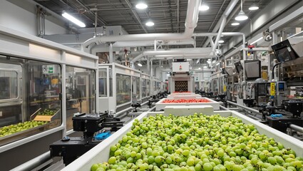 Modern grape packaging plant with high tech equipment sorting and packaging fresh produce under bright lights for efficient processing