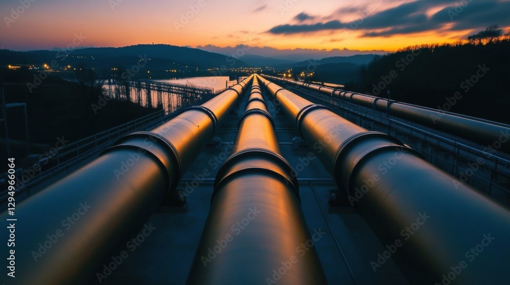 Poster long pipelines extending into the horizon at sunset with a backdrop of industrial landscapes and met