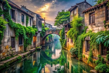 Fototapeta premium Suzhou Canal Exploration: Urban Decay, Chinese Waterways, Ancient Bridges, Rustic Charm, Photography, Travel