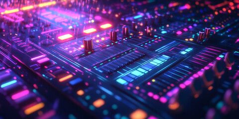 Fototapeta premium A mesmerizing 3D background showcasing a floating neon soundboard with glowing faders and buttons. The abstract, dynamic energy pulses outward, creating an immersive visualization of digital music