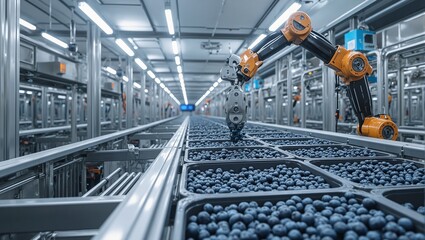 Fototapeta premium Futuristic blueberry processing plant with high tech sorting machines and robotic arms sorting fresh berries for packing