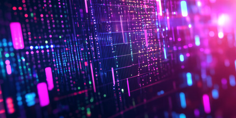 Obraz premium A sleek and dynamic abstract background showcasing glitching neon holograms interwoven with digital noise effects. The seamless holographic reflections create a futuristic cybernetic atmosphere.