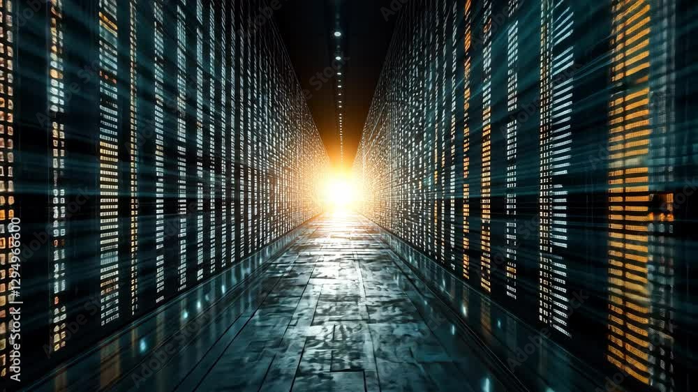 Poster futuristic corridor of glowing binary data journey through digital light technology