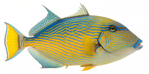 Orange-Lined Triggerfish with Blue Stripes, Isolated on Transparent Background