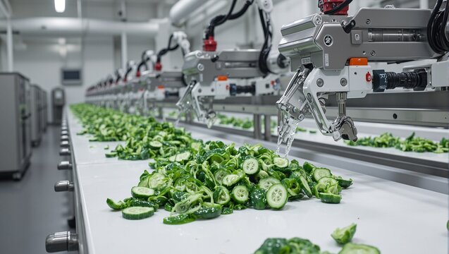 Futuristic vegetable processing line with robotic arms washing peeling and sorting fresh green cucumbers in a modern factory setting