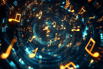 Obraz premium A mesmerizing 3D abstract background with a spiral of glowing, levitating musical notes floating through a cosmic digital space. Each note pulses with synchronized neon light, forming a futuristic