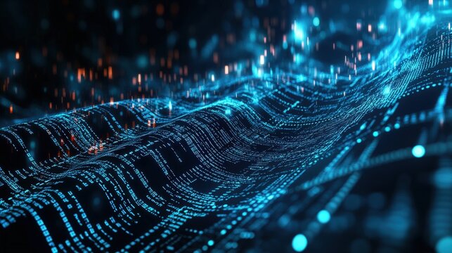 Digital wave with binary code representing technology and data flow in abstract design