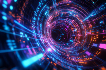 Obraz premium A surreal 3D abstract background showcasing an infinite spiral of glowing music staffs and digital equalizers. The synchronized pulses of neon energy create a mesmerizing, futuristic display of
