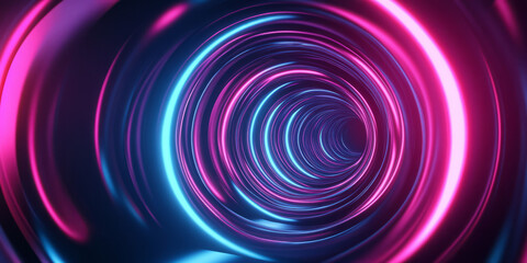 Obraz premium A surreal 3D abstract background featuring an infinite tunnel of rotating metallic rings, softly illuminated by glowing neon blue and magenta hues. The sense of depth and motion adds a futuristic