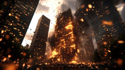 Cityscape at night with large fire burning in the foreground and smoke rising into the sky