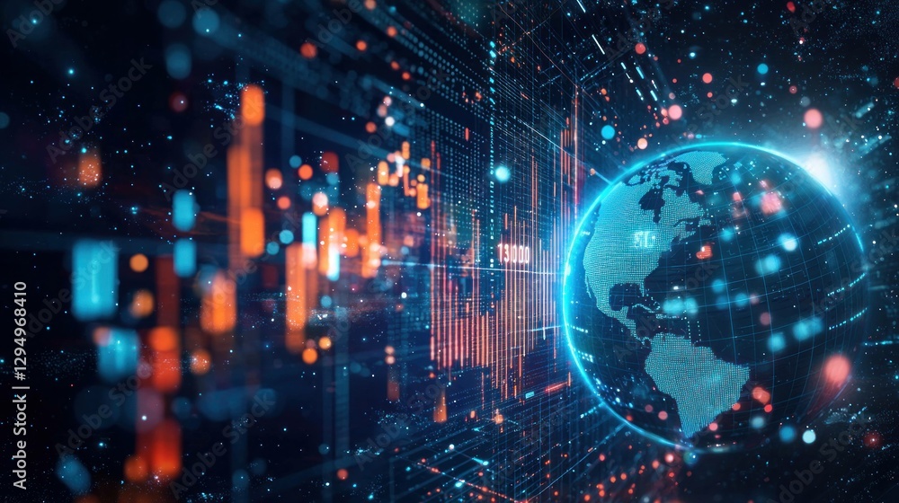 Poster abstract global network data visualization with glowing earth, colorful graphics, and dynamic elemen