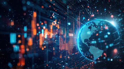 Obraz premium Abstract global network data visualization with glowing Earth, colorful graphics, and dynamic elements representing technology and communication trends