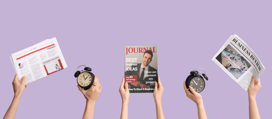 Hands holding alarm clocks, newspapers and magazine on lilac background