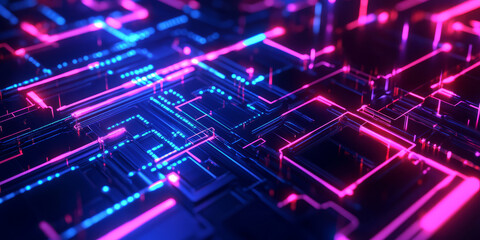 Fototapeta premium A mesmerizing 3D abstract background showcasing interconnected glowing pathways, forming an intricate cybernetic circuit. The vibrant neon hues and deep reflections add a high-tech digital effect.