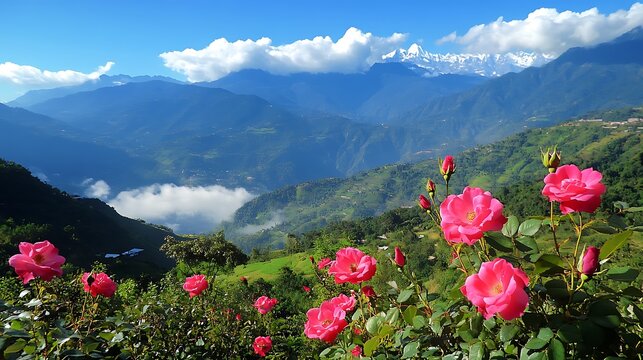 Mountain Vista Framed by Pink Roses / ピンクのバラが縁取る山のビスタ