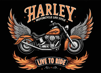 Vector t-shirt design with biker motorcycle, wings on black background. Fashionable print for fabric, men clothing, hoodie, jacket. T shirt template with lettering Live to ride, harley life style.