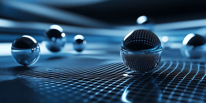 A minimalistic 3D abstract background featuring reflective metallic spheres floating above a glowing digital grid. The modern, clean aesthetic blends high-tech sophistication with futuristic energy.