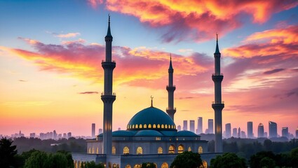 Fototapeta premium View of public mosque, Wilayah persekutuan mosque at sunrise