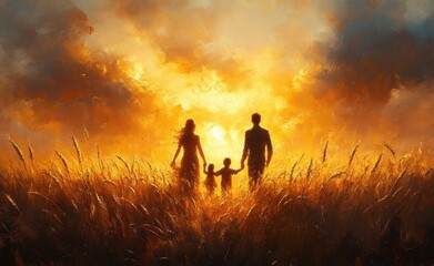 Fototapeta premium Happy Family Playing Together in Wheat Field at Sunset
