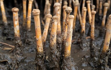 Fototapeta premium Closeup of Mangrove Pneumatophores in Mud