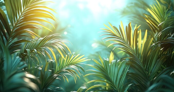 Tropical Palm Leaves on Gradient Blue Background with Copy Space for Celebration and Faith