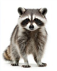 Obraz premium A cute raccoon standing upright with a fluffy coat and bright eyes against a white background.