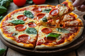 A delicious pizza topped with pepperoni and fresh basil, served on a wooden board.