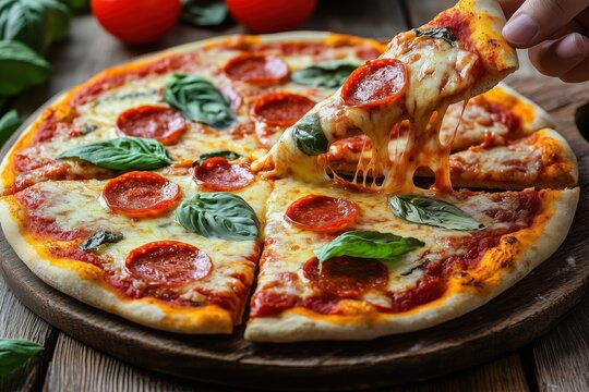 A delicious pizza topped with pepperoni and fresh basil, served on a wooden board.