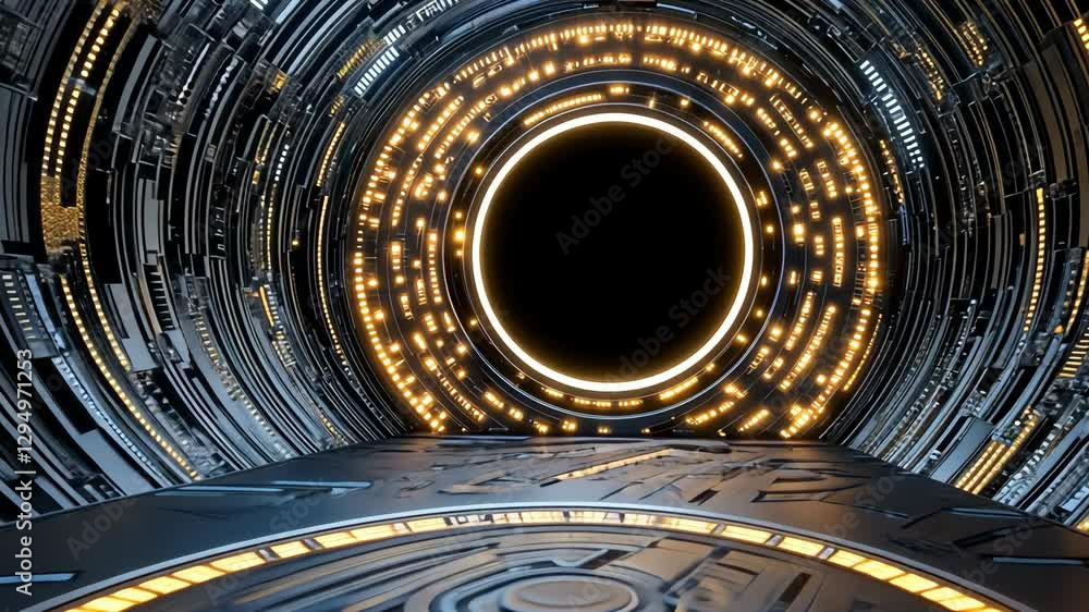 Poster futuristic tunnel design circular patterns and glowing lights in technology