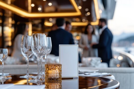 An elegant dining setup with exquisite table decor and shimmering lights creates a warm and luxurious ambiance, inviting guests to indulge in a fine dining experience.