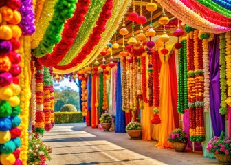 Obraz premium Vibrant Hindu Wedding Toran Entrance Decoration - Colorful Garlands, Pom-poms, Bells