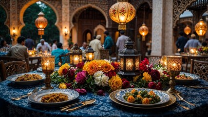 A grand Eid feast table filled with traditional delicacies and decoration