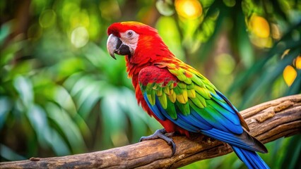 Fototapeta premium Vibrant Parrot on Tree Branch - Rule of Thirds Photography - Red Green Blue Macaw