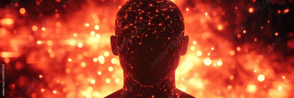 Poster human head silhouette filled with interconnected ai nodes against cosmic cyberpunk background of glo