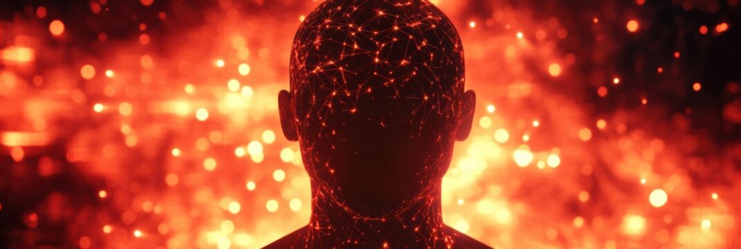 Human head silhouette filled with interconnected AI nodes against cosmic cyberpunk background of glowing fractal patterns. Generative AI