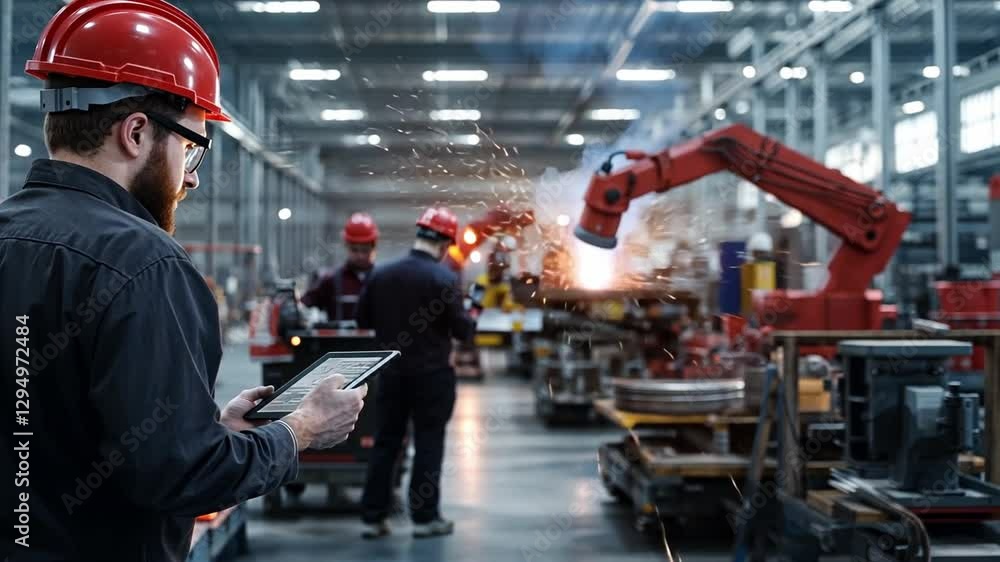 Poster precision in production: a skilled engineer oversees a complex automated manufacturing process. the 