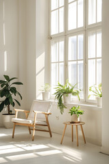 Modern Minimalist White Room with Natural Light and Green Plants Reflecting Serenity and Simplicity