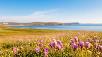 Obraz premium Vibrant wildflowers blooming in scenic coastal landscape with blue sky and ocean view