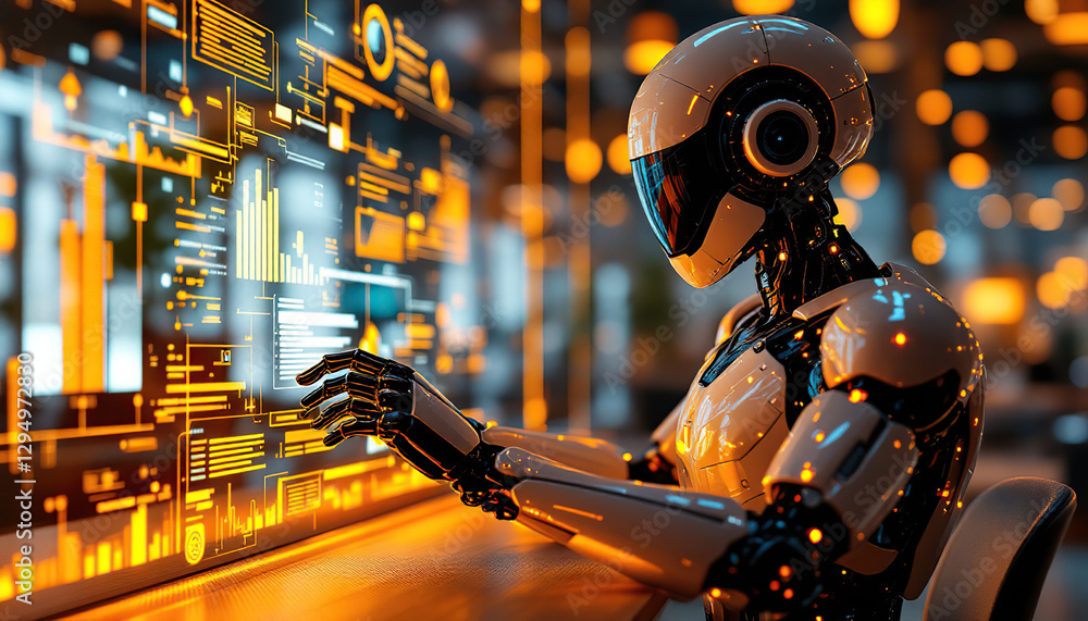 Poster robot analyzing data on futuristic screen