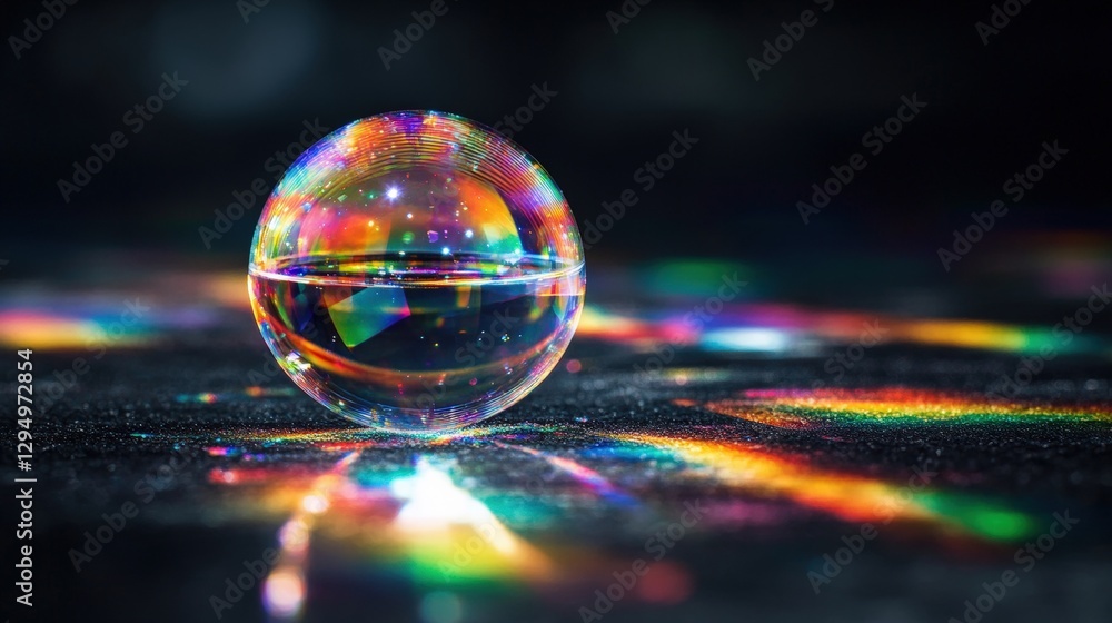 Poster glass sphere resting on a smooth black surface creating a reflective and minimalist aesthetic