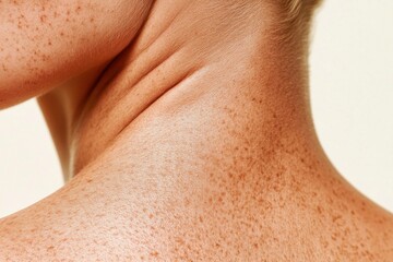 Fototapeta premium Close up of a woman s freckled neck and shoulders, showcasing healthy skin and natural beauty, against a soft neutral background in a modern aesthetic