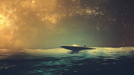 Fototapeta premium A serene night scene of a boat gliding over calm waters under a starry sky with cosmic elements