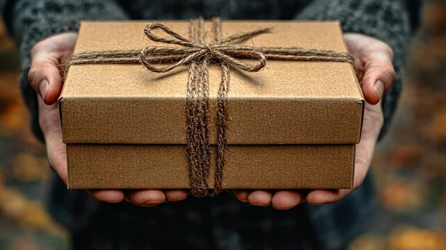 A Thoughtful Gift:  A Rustic Brown Package Tied with Twine, Carefully Held
